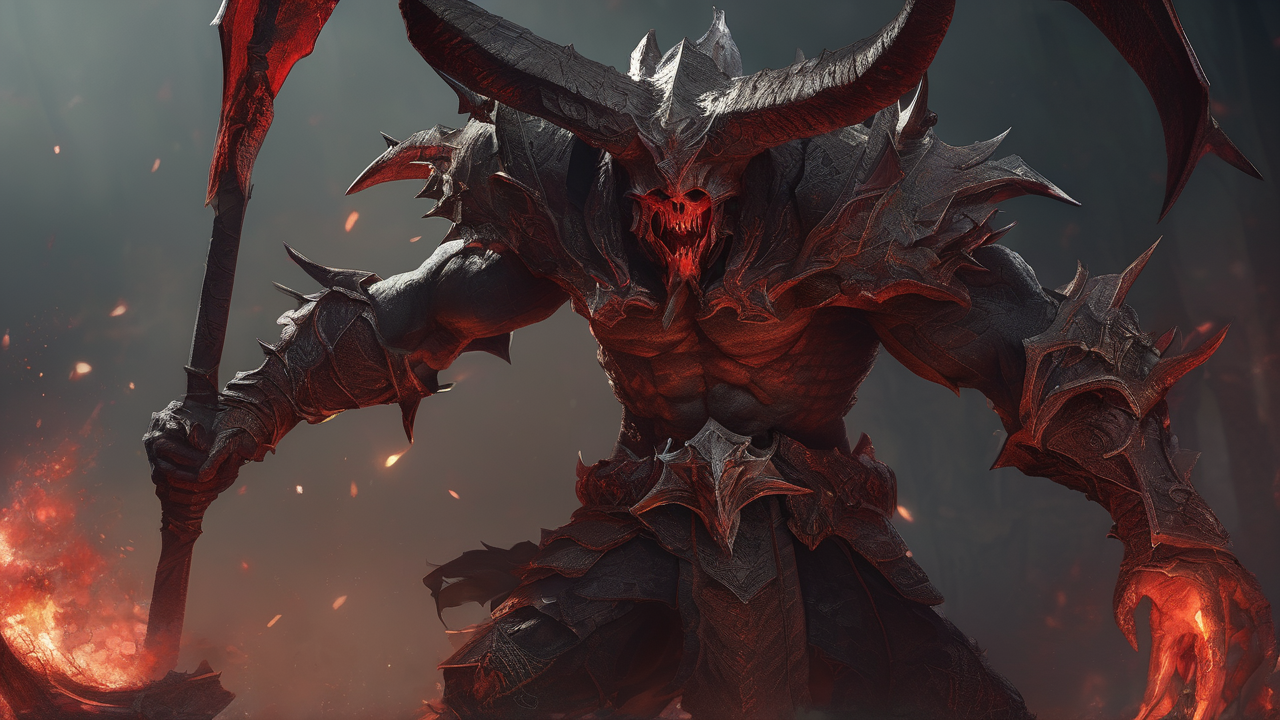 Dramatyczna scena bitwy z Diablo IV z demonicznymi siłami napierającymi na bohatera, ciemna kolorystyka z akcentami czerwieni i pomarańczy