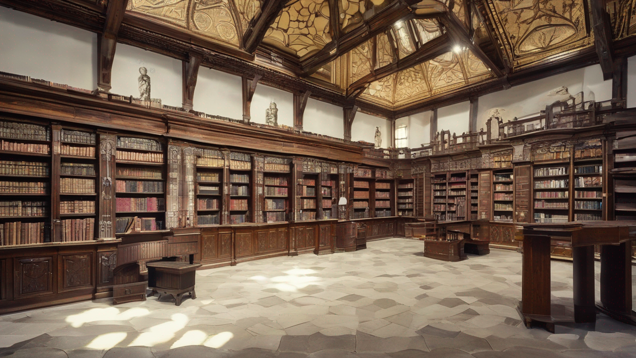 Mroczna biblioteka z starożytnymi księgami i pergaminami rozświetlona blaskiem świec