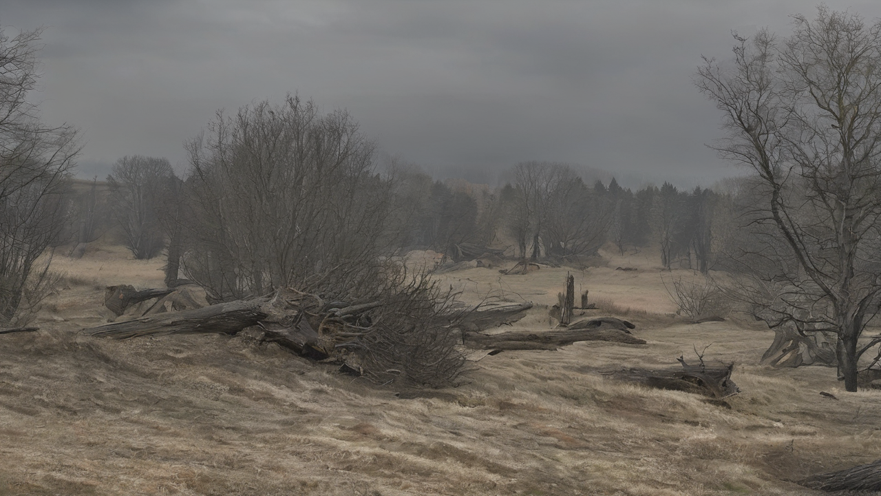 Mroczna sceneria z gry Diablo z postacią bohatera stojącego na tle płonącego miasta, klimatyczne oświetlenie podkreśla atmosferę gry