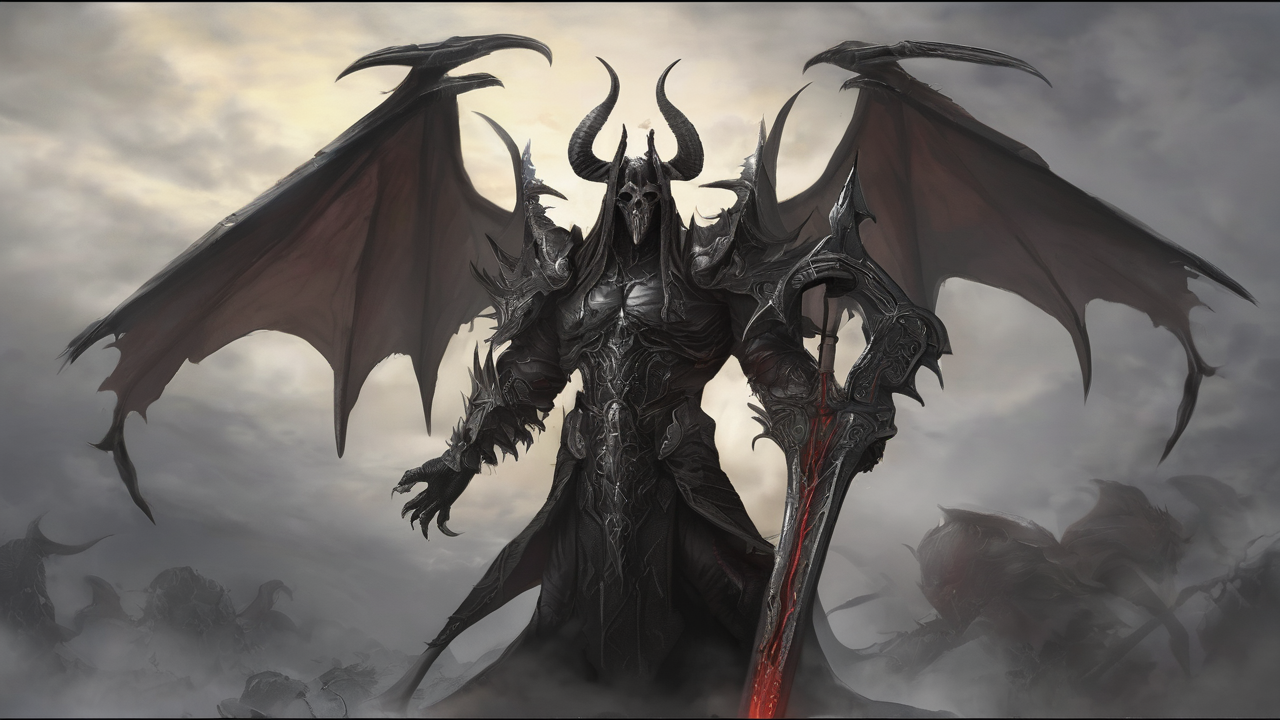 Mroczna sceneria z gry Diablo z płomieniami i demonicznymi symbolami w tle