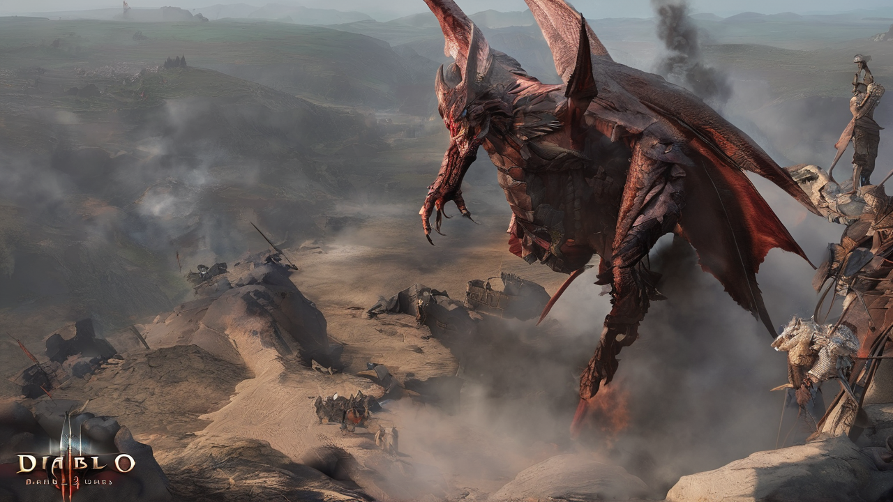 Potężny barbarzyńca z Diablo IV trzymający dwa topory w dynamicznej pozie bojowej